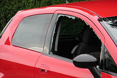 red hatch back car side passenger window glass broken in